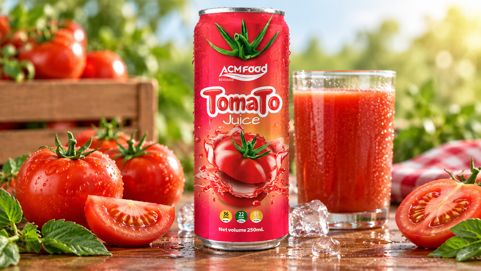 250ml ACM tomato juice drink in an aluminium slim can