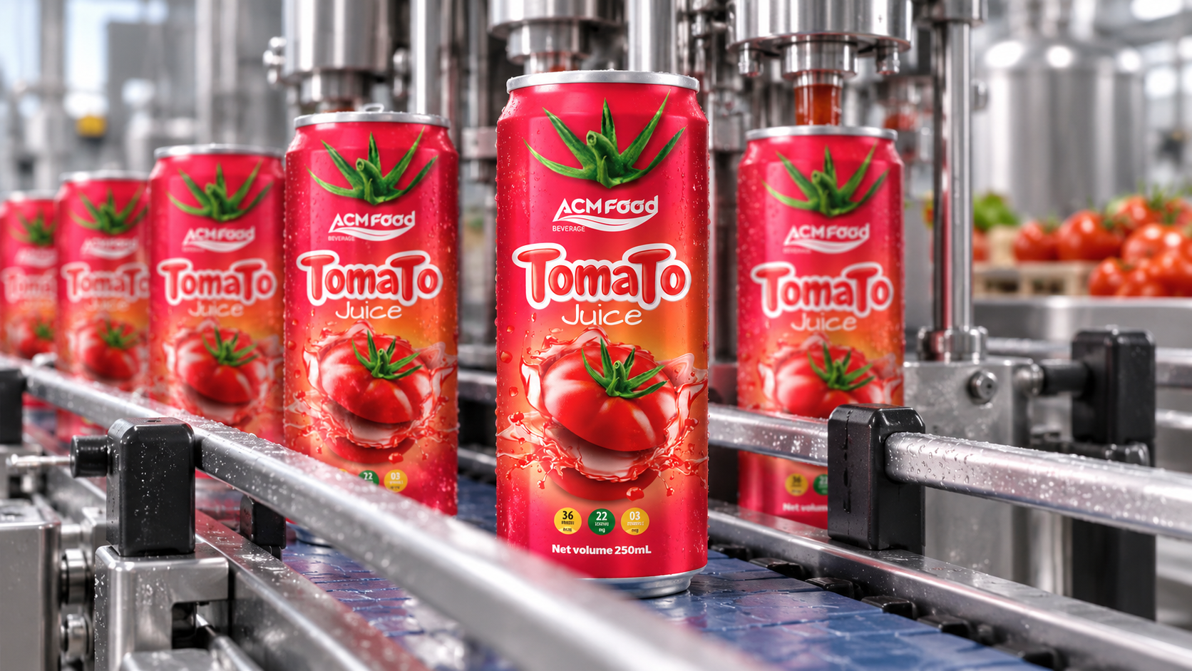 Aluminium cans of vegetable juice moving through a clean beverage filling line