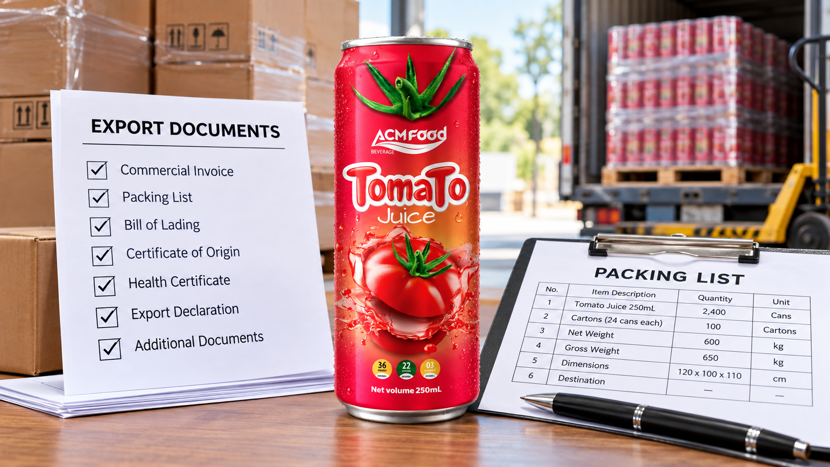 Export documents and a packing list prepared for a beverage container shipment