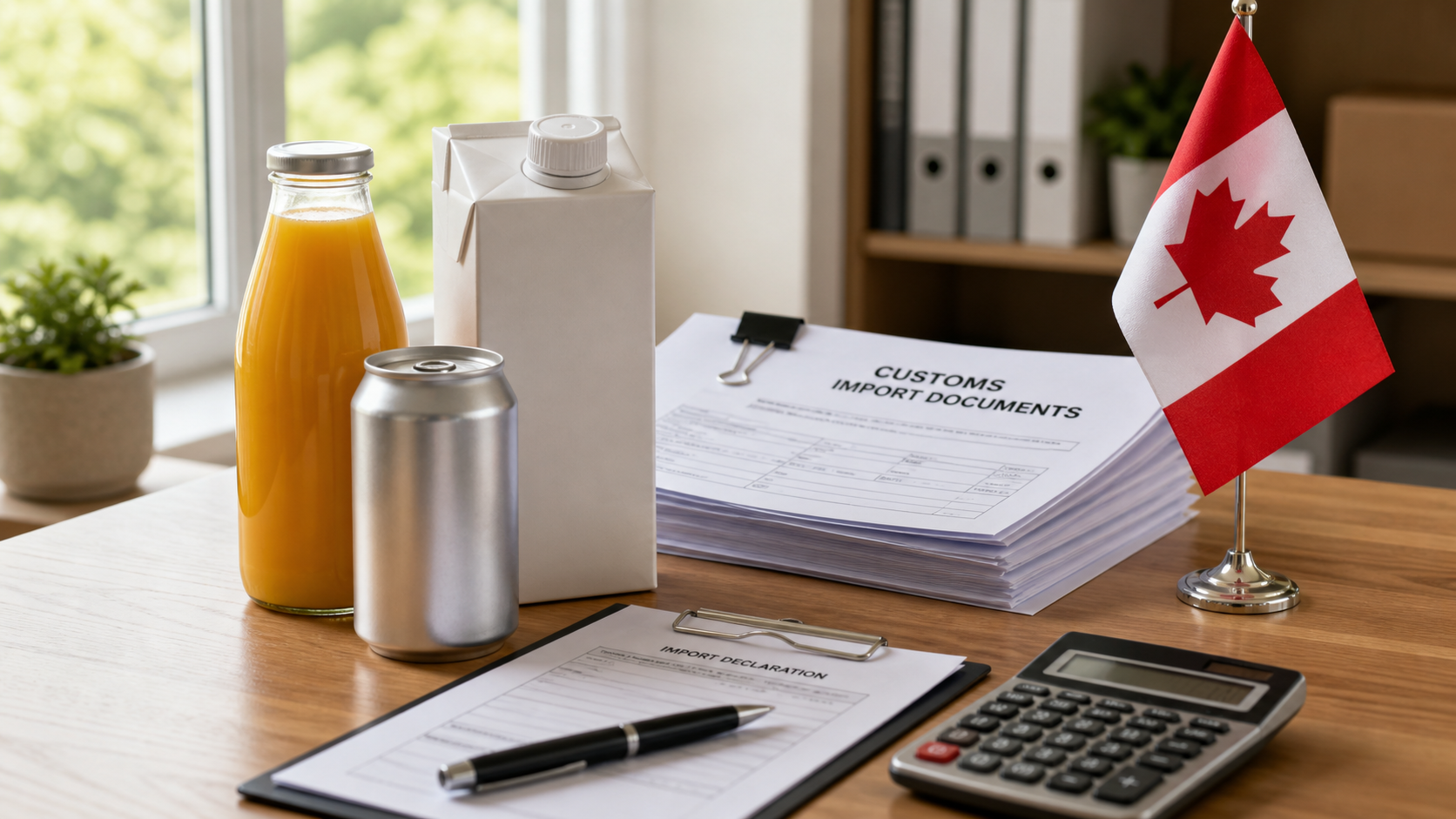 Assorted beverage bottles and customs documents for Canada import