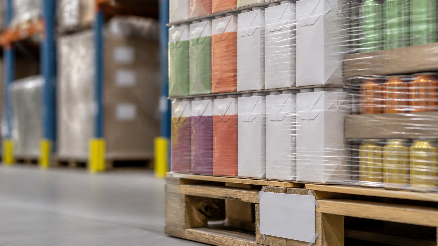 Close-up of juice cartons and cans on a warehouse pallet
