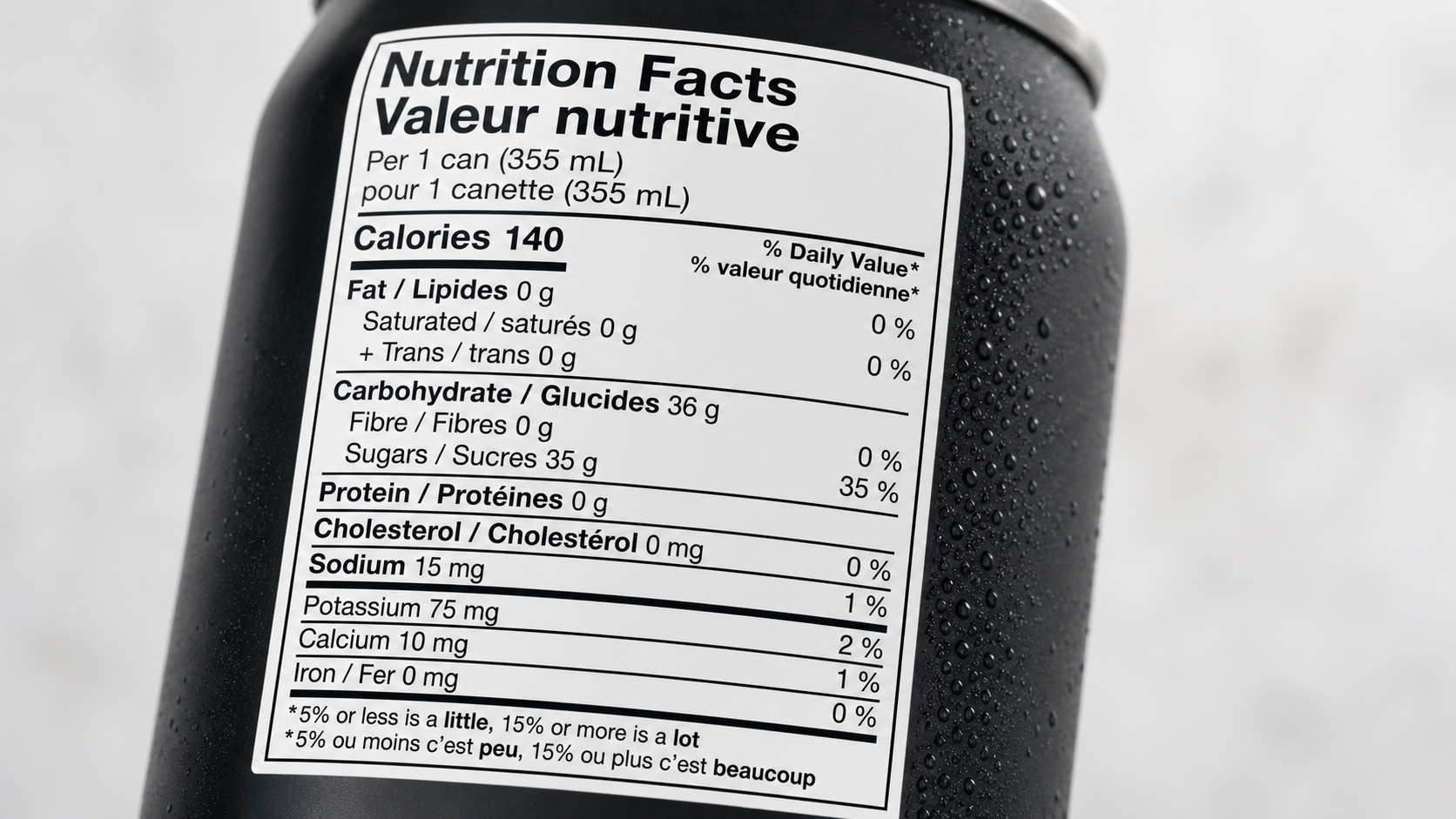Close-up of Canada Nutrition Facts table on a juice can label