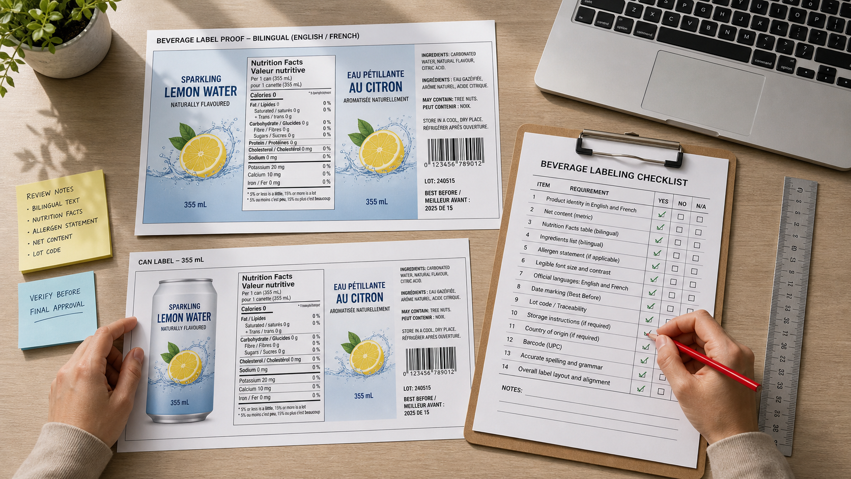 Reviewer checking beverage artwork against a Canada labeling checklist
