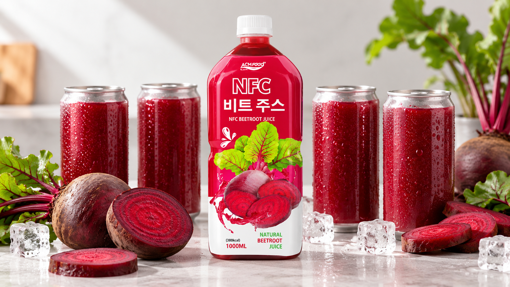 Row of aluminium beverage cans filled with deep red beetroot juice standing beside a halved beetroot on a clean light surface, soft studio lighting, commercial photography, landscape composition