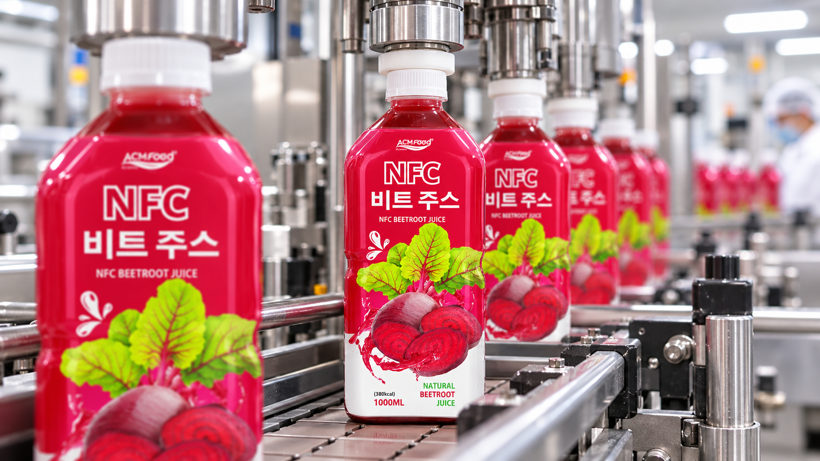 Close-up of aluminium cans moving along a clean automated filling and seaming line in a modern beverage plant, shallow depth of field, commercial industrial photography, landscape composition