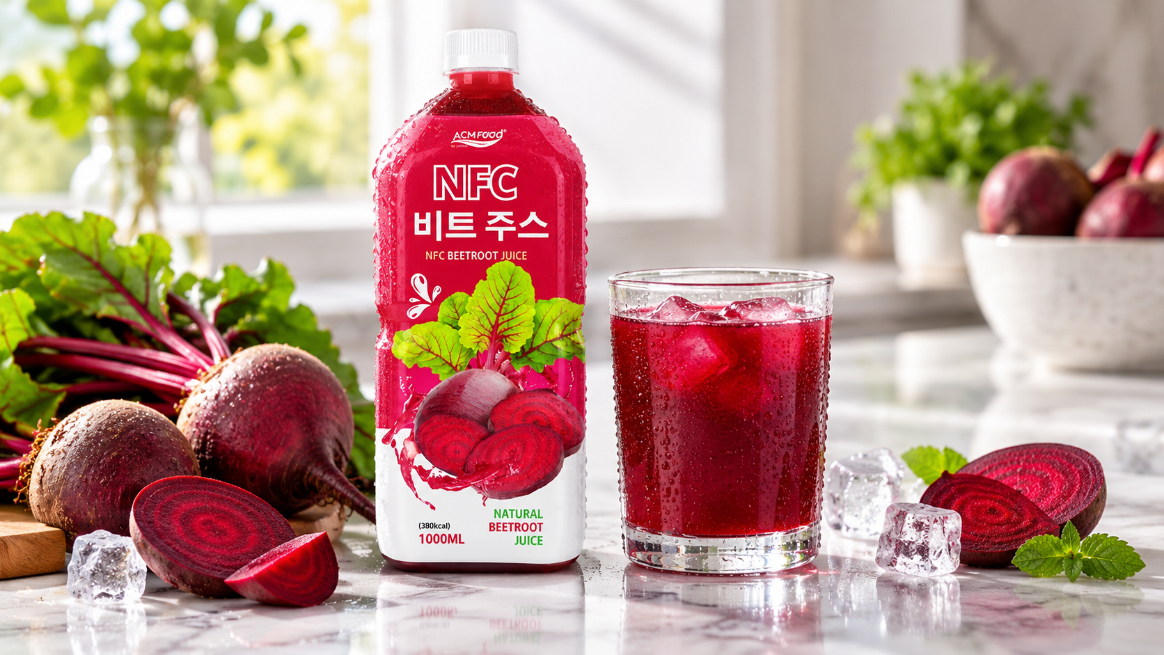 Chilled aluminium can of beetroot juice with water droplets next to a glass of red juice and fresh beet slices on a marble counter, bright natural light, commercial food photography, landscape composition