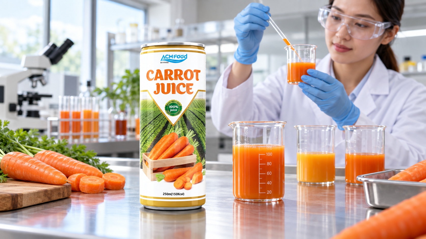 Beverage product development lab with a food technologist measuring carrot juice samples in beakers, stainless steel bench, bright diffused lighting, realistic commercial photography, landscape 16:9, no text, no logos