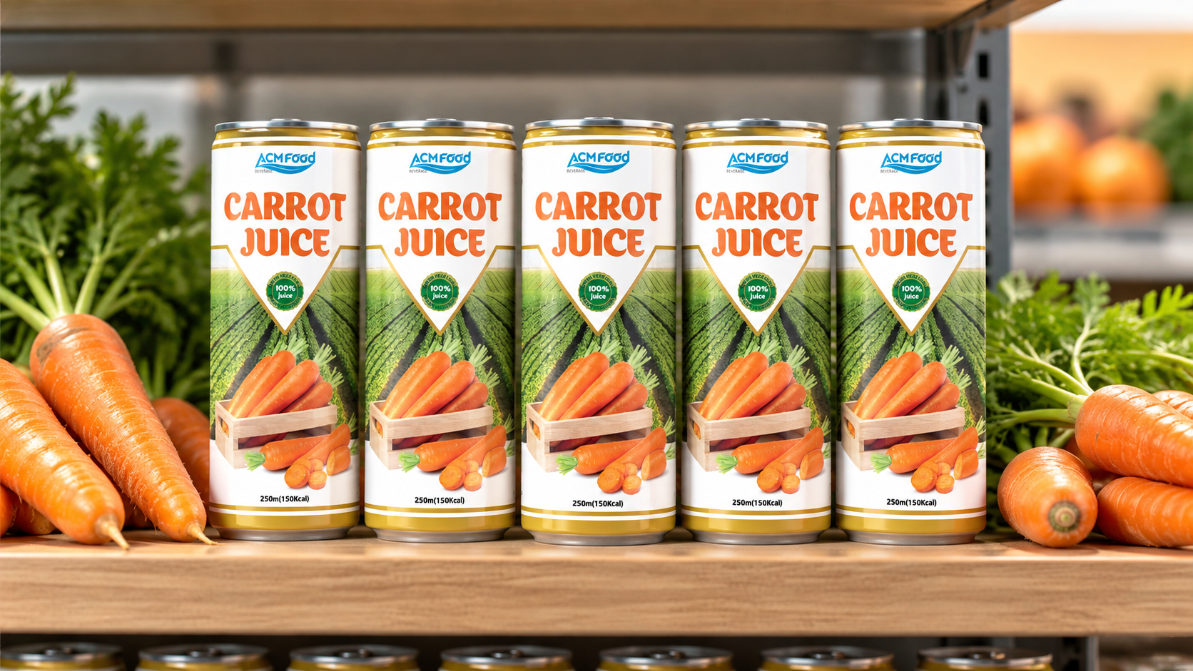 Row of slim aluminium beverage cans filled with carrot juice on a clean retail-style shelf with fresh carrots beside them, natural soft light, realistic commercial product photography, landscape 16:9, no text, do not add or modify any branding