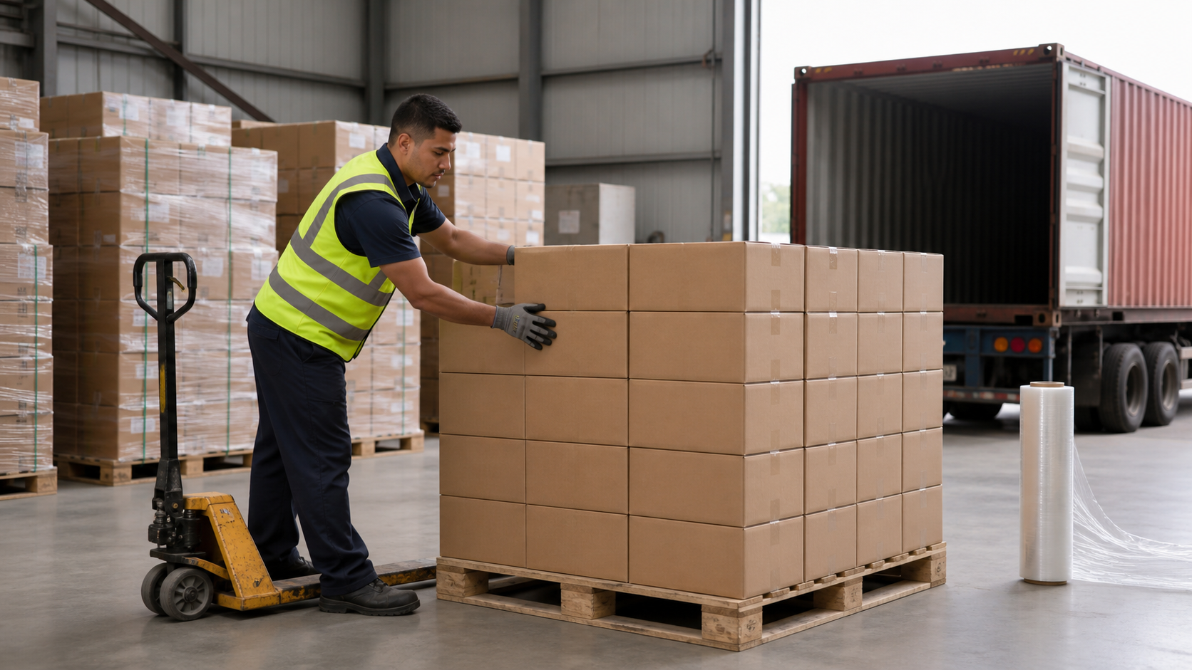 Worker arranging beverage cartons on pallets for 20ft container