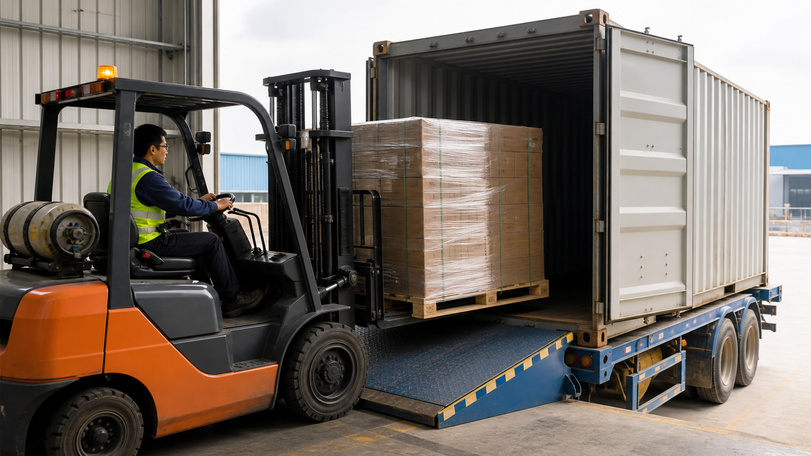 Forklift loading shrink-wrapped drink pallets into a 20ft container