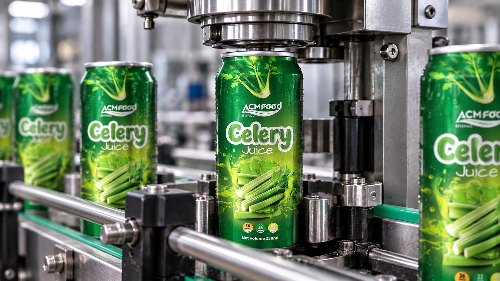 Close-up of aluminium cans passing through a seaming machine on a clean modern beverage filling line, shallow depth of field, commercial industrial photography, landscape composition