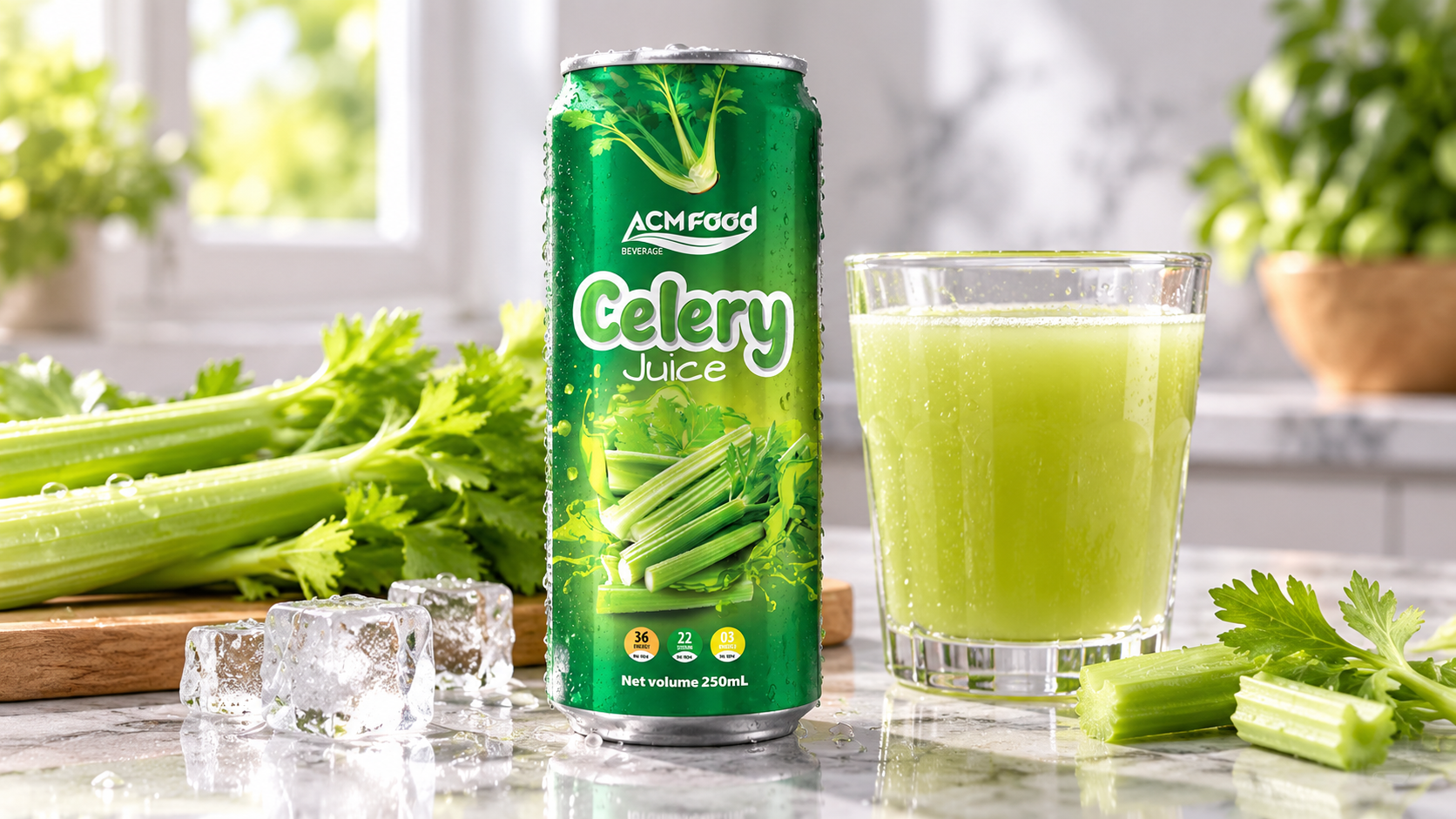 Chilled aluminium can of celery drink with water droplets beside a glass of pale green drink and celery stalks on a marble counter, bright natural light, commercial food photography, landscape composition