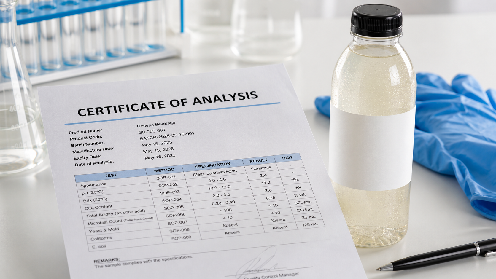 Quality team reviewing a beverage COA beside bottled drink