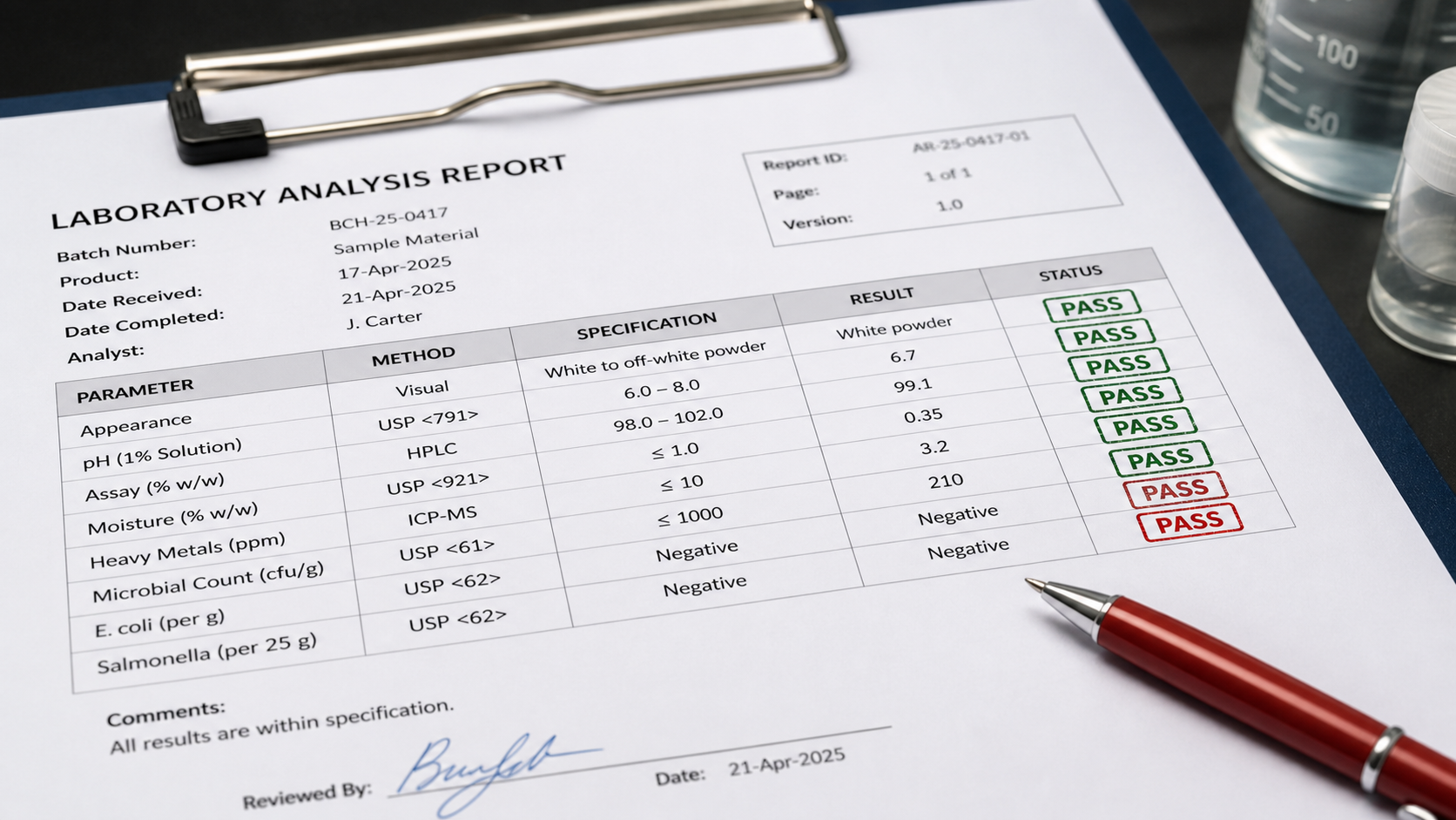 Closeup of lab report with batch number pass fail stamps