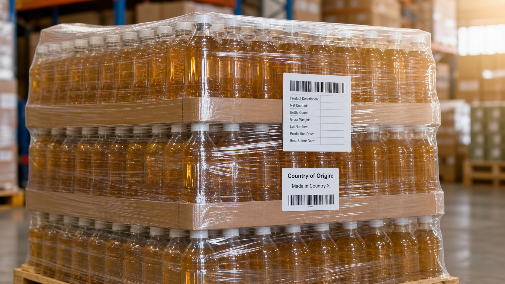 Close-up of bottled drinks ready for export with origin labels