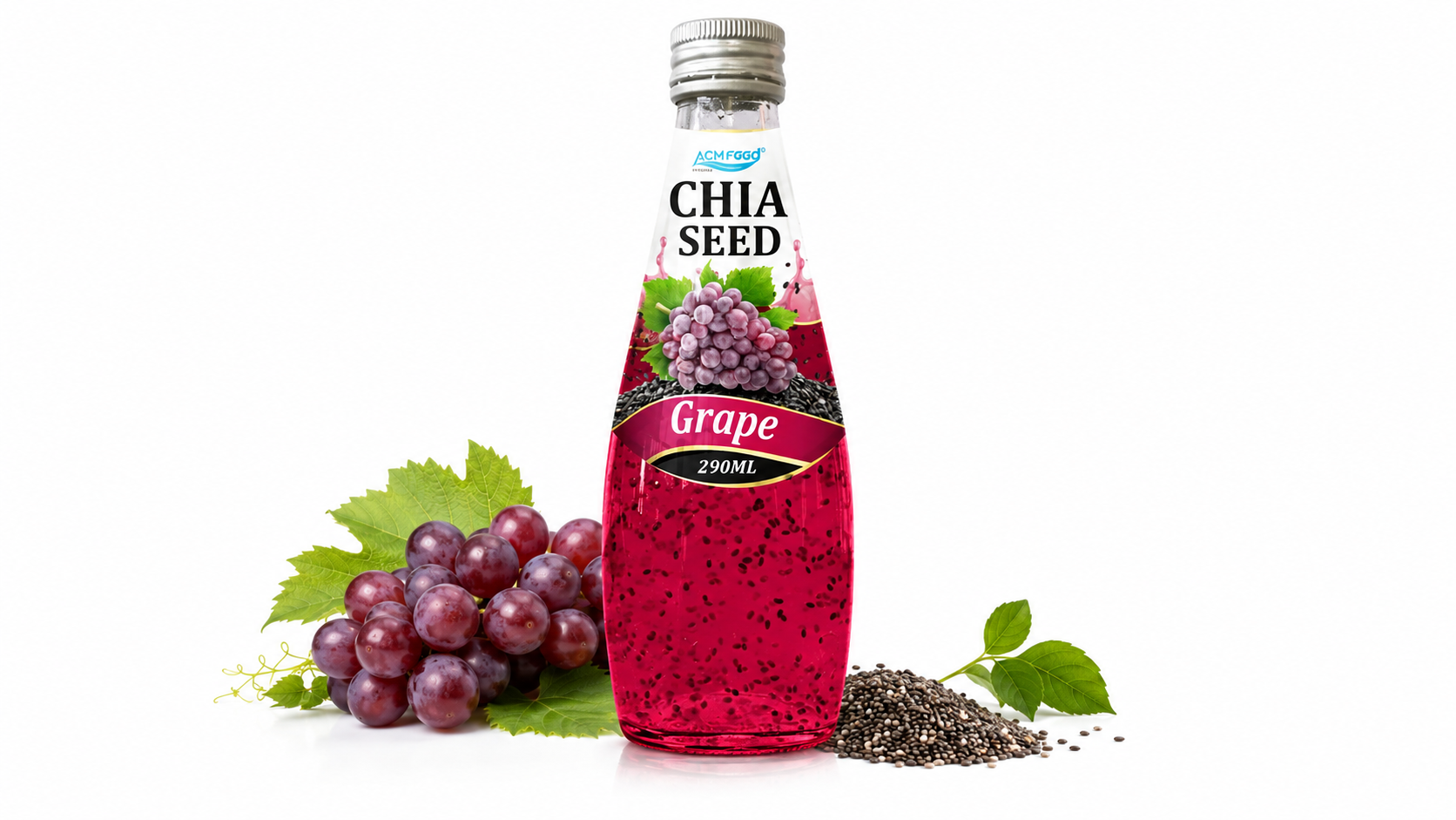 ACMFOOD Chia Seed Drink grape flavor in a 290ml glass bottle showing suspended chia seeds, commercial product photography on white background