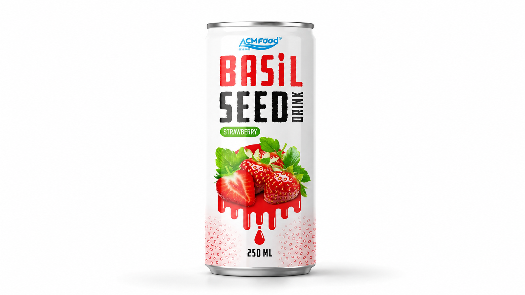 ACMFOOD Basil Seed Drink strawberry flavor in a 250ml can, commercial product photography on white background