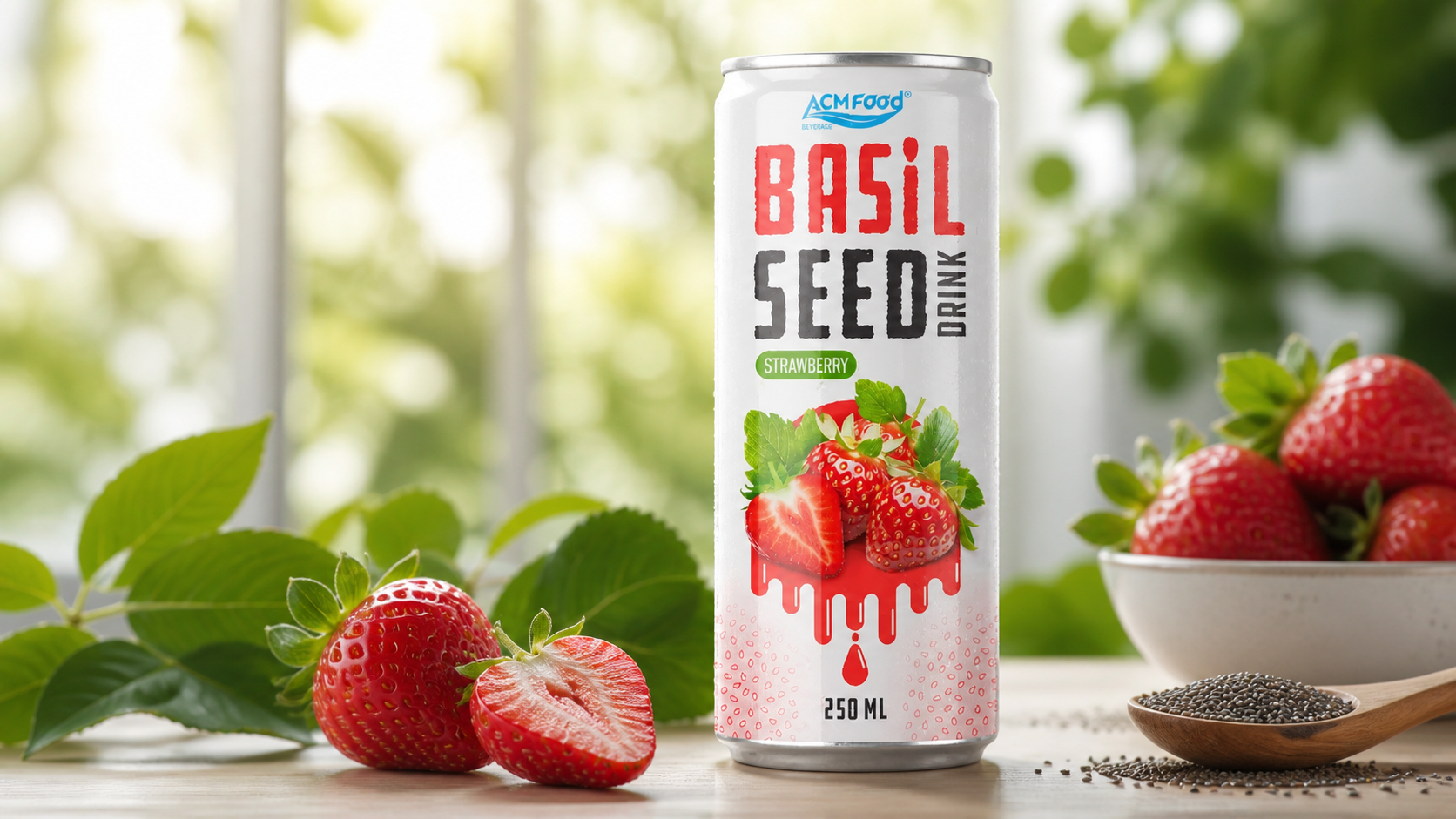 Close-up of a clear bottled seed-inclusion drink showing evenly suspended chia seeds throughout the liquid, soft natural backlight, commercial beverage photography, landscape composition