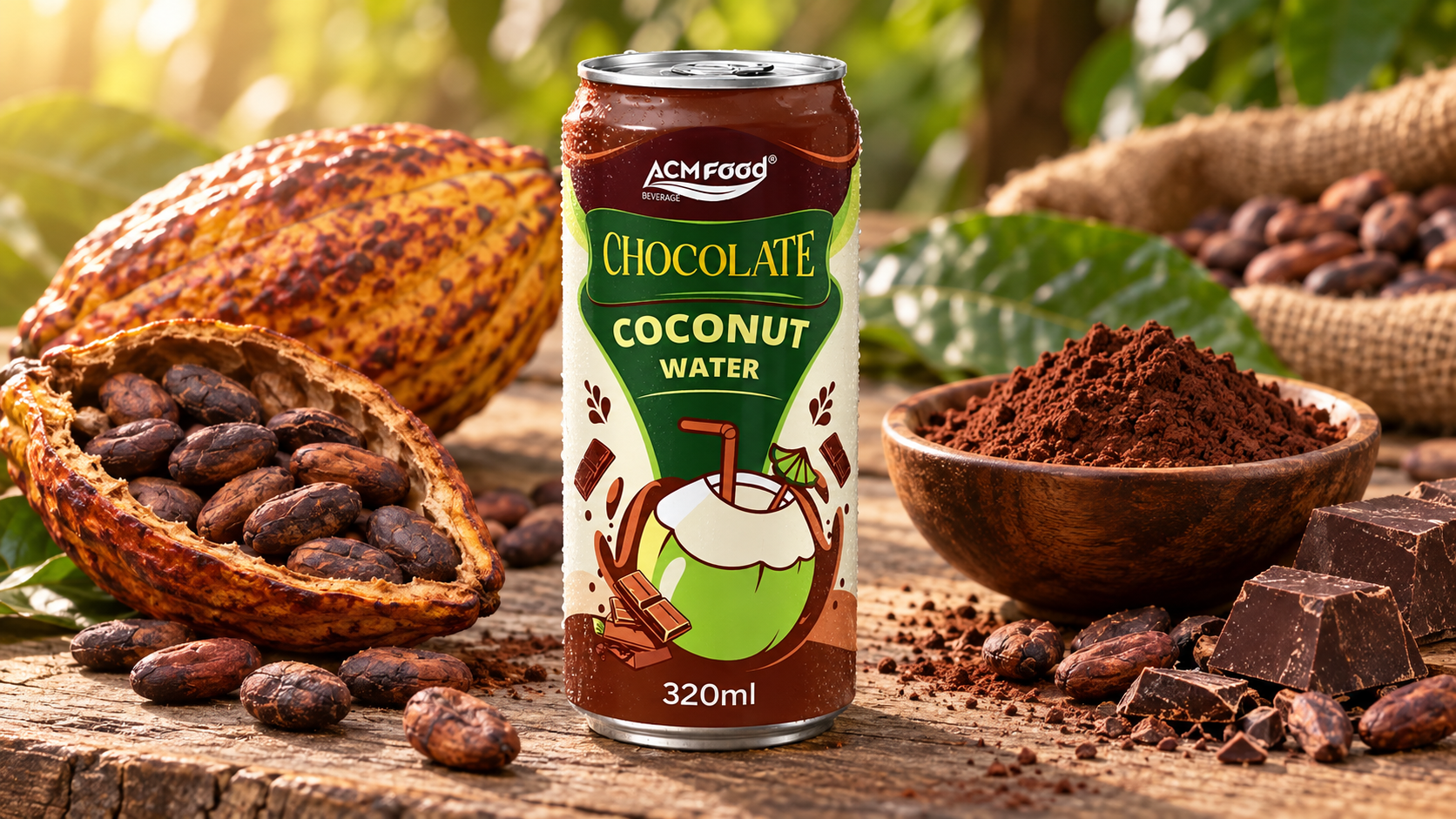 Cocoa pods and roasted cocoa beans arranged beside a small bowl of dark cocoa powder on a weathered wooden surface, warm directional daylight, shallow depth of field, commercial food photography, 16:9 landscape