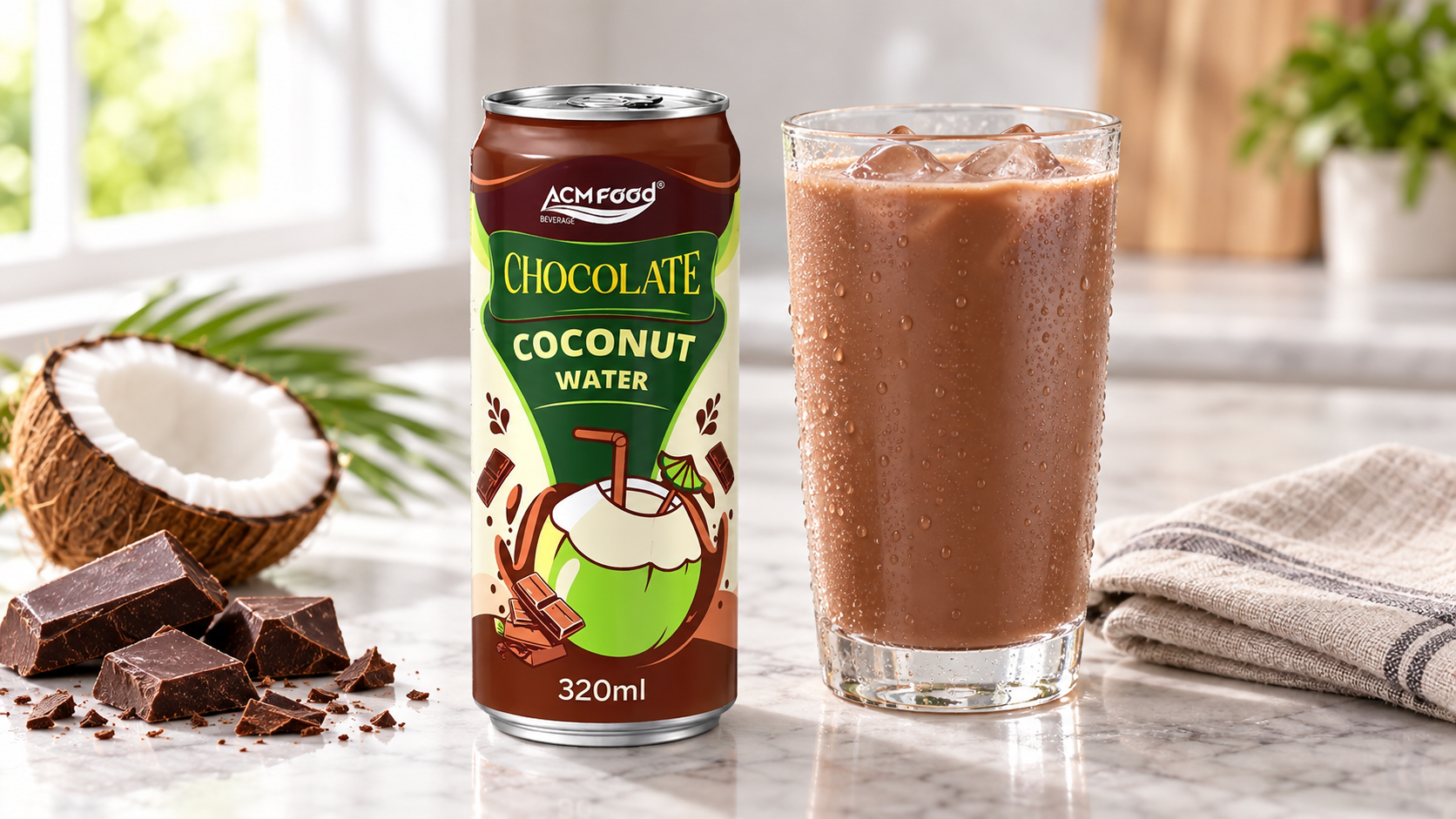 A tall glass of chocolate milk drink on a pale marble surface with condensation on the glass and a folded linen napkin beside it, soft window light from the left, clean appetising styling, 16:9 landscape