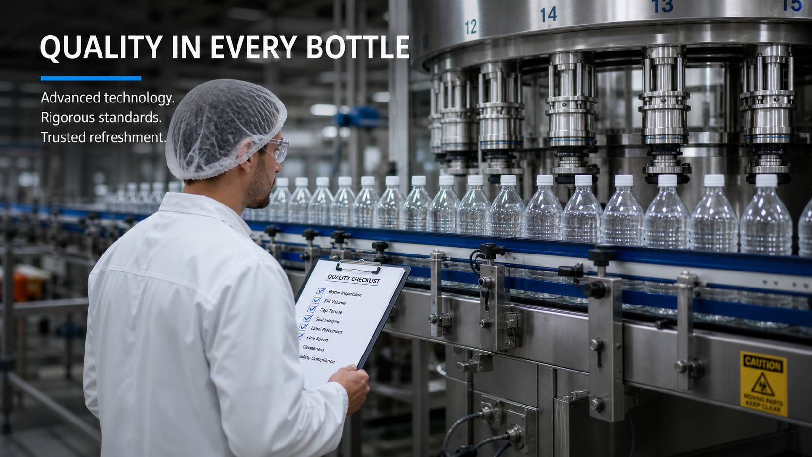 Engineer inspects beverage bottling line with PET bottles under bright factory lights