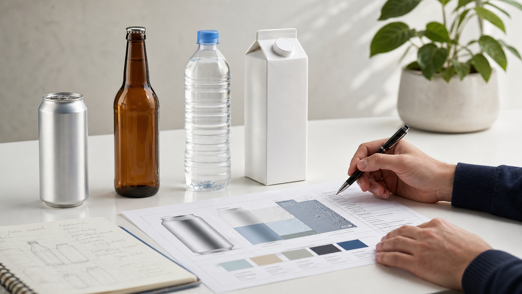 Product developer compares canned, glass and aseptic carton drinks on a table