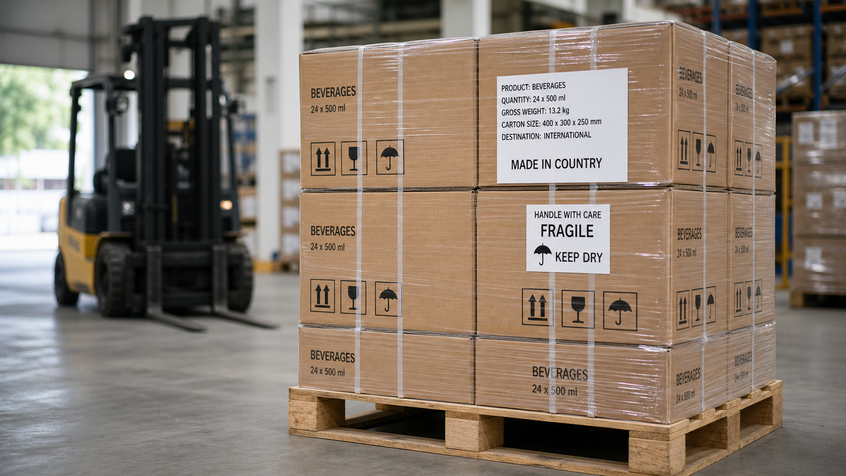 Stacked beverage cartons on pallet prepared for export shipping in warehouse