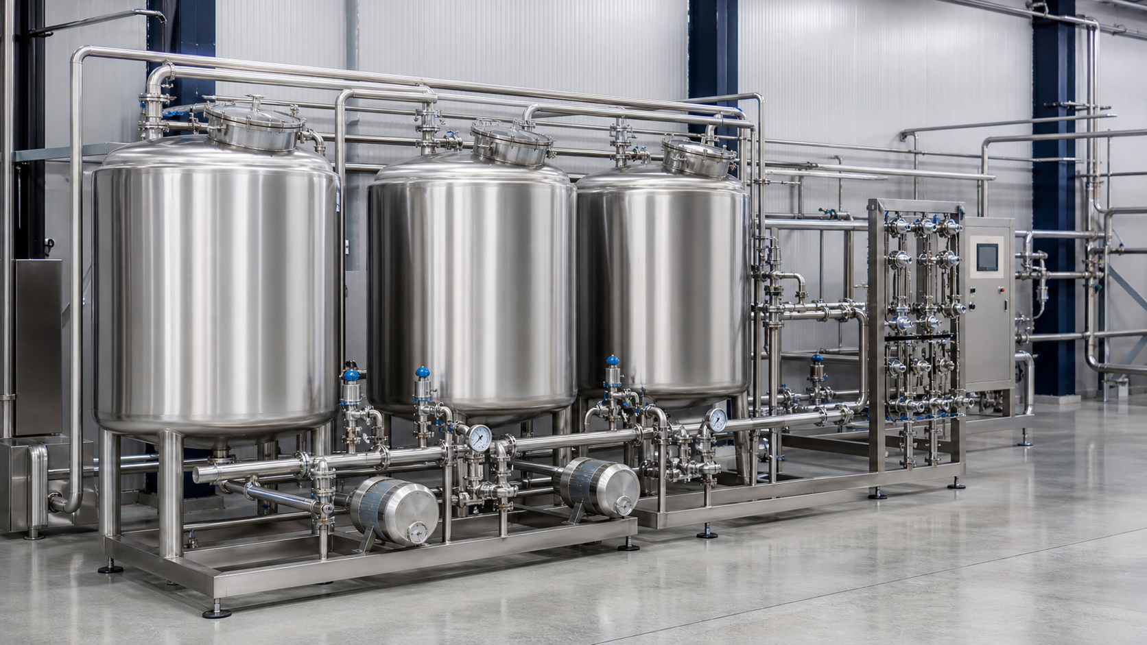 Stainless CIP tanks and pipelines in a beverage plant