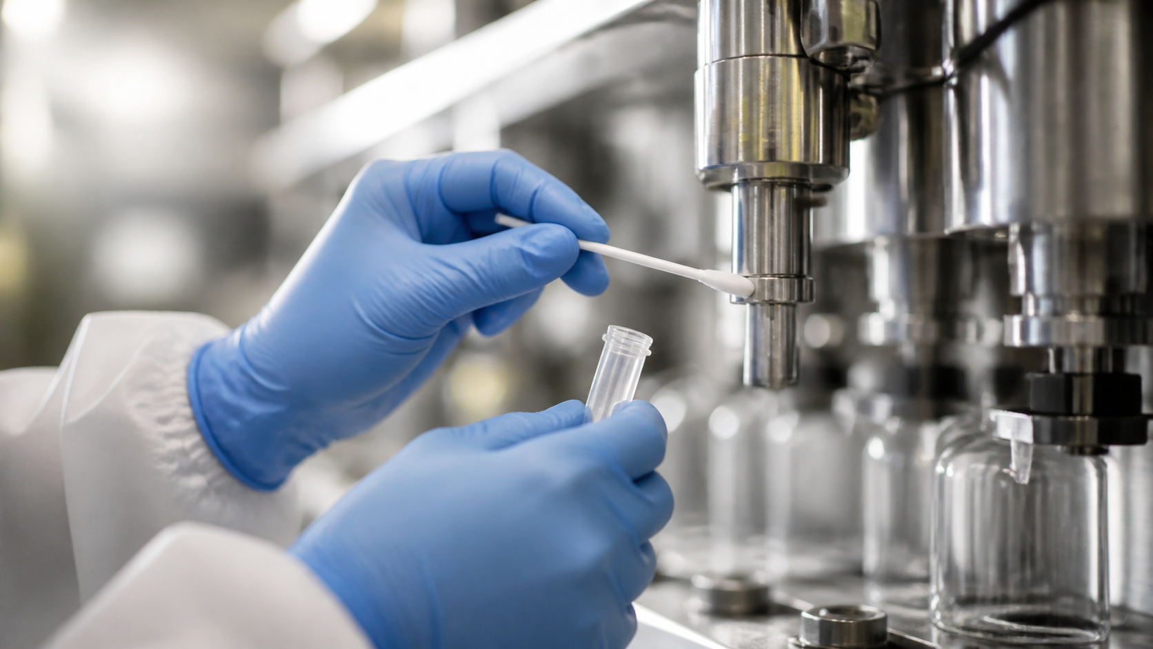 Technician performing ATP swab on beverage filler nozzle