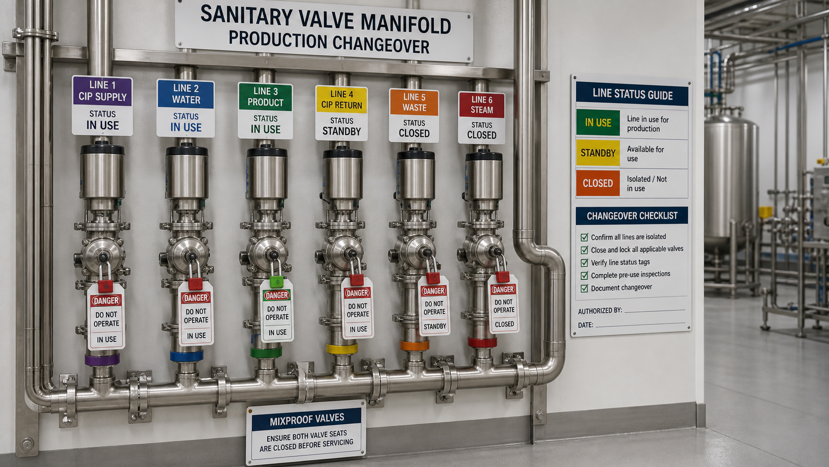 Color-coded valve manifold with line status tags during changeover