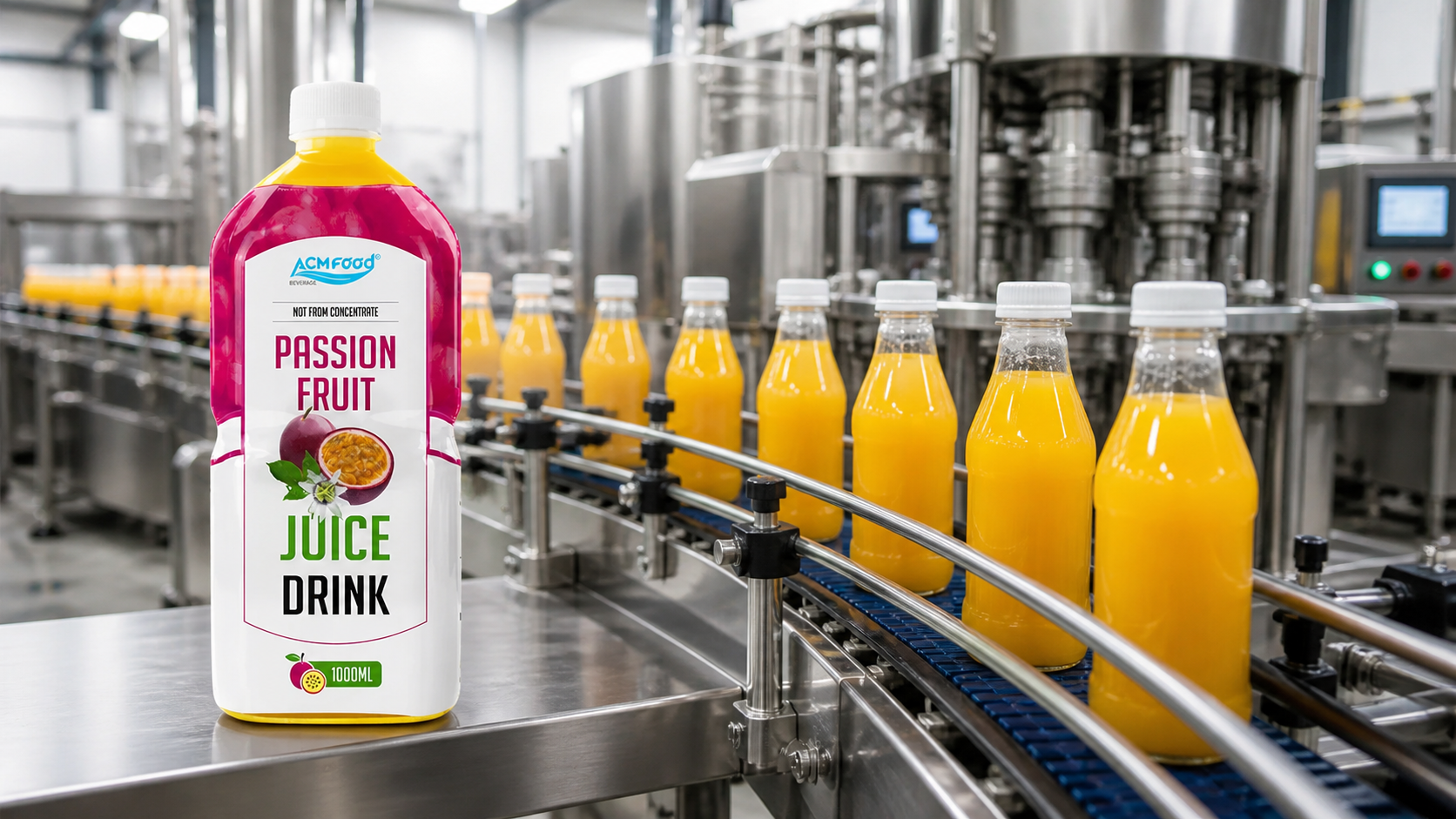 Production line filling clear bottles of clean label fruit juice