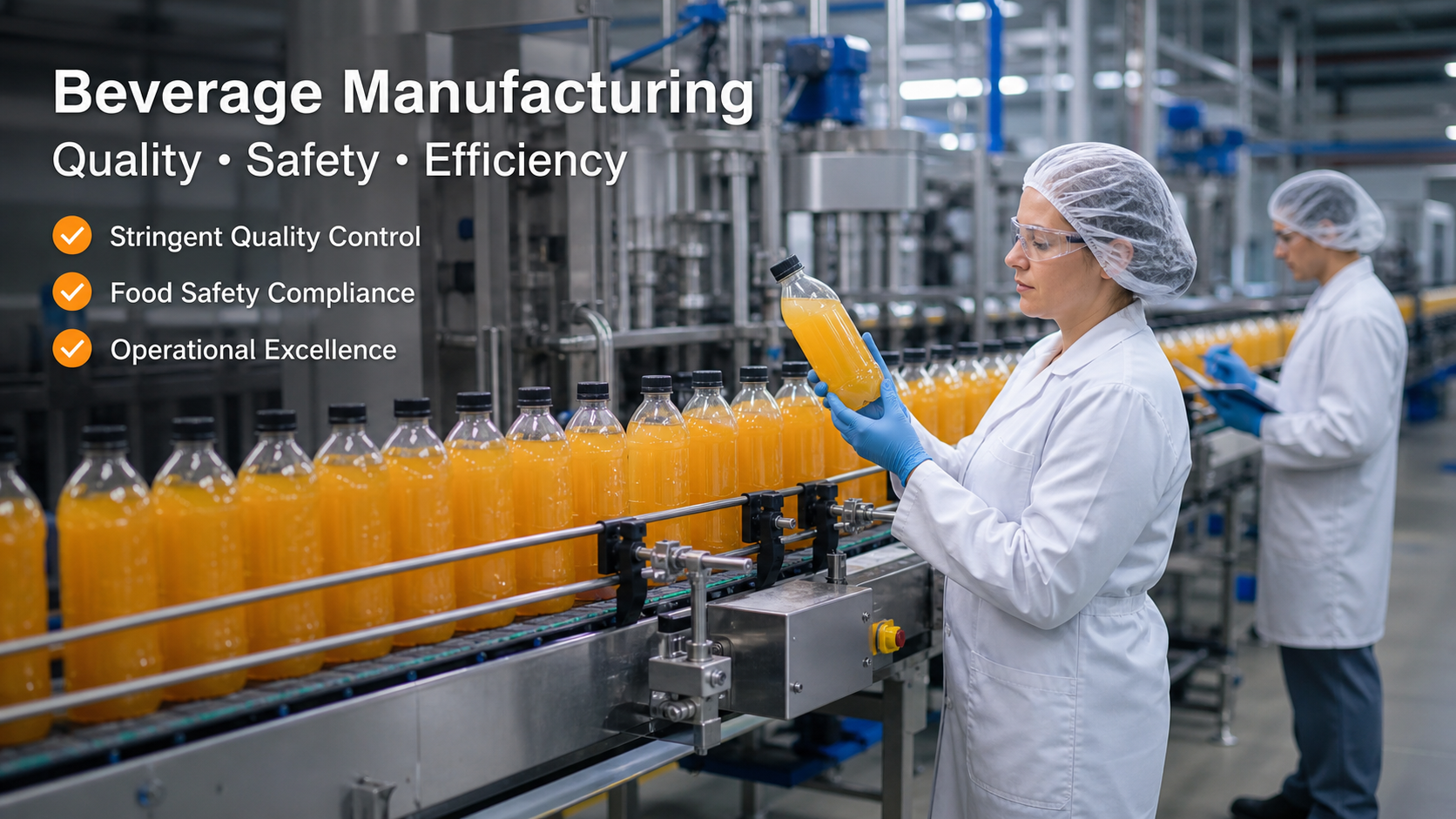 Automated beverage filling line with unlabeled bottles and operators doing checks