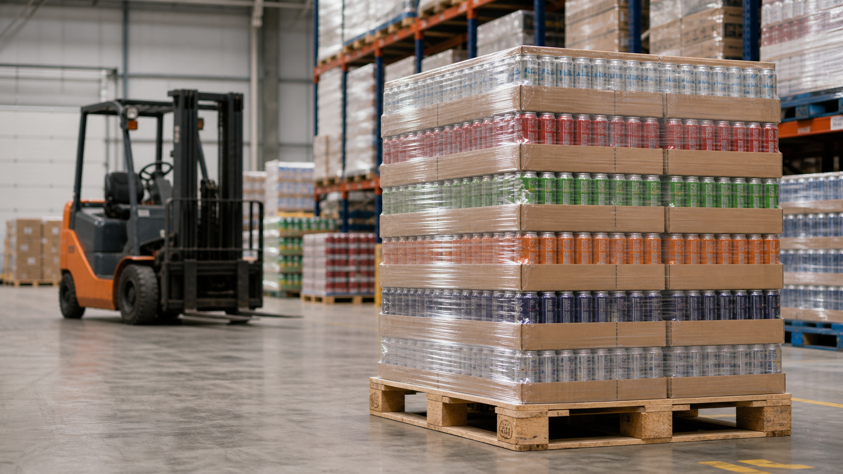 Palletized beverage cartons in a clean warehouse ready for contract packing shipment