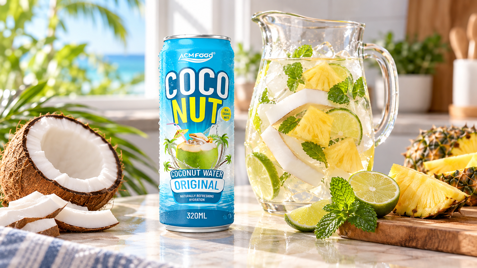 Clear glass jug of infused water with slices of fresh coconut meat, pineapple chunks and lime wedges, placed on a sunny kitchen counter with a halved coconut nearby, bright natural light, clean styling, realistic commercial food photography, 16:9 landscape, no text
