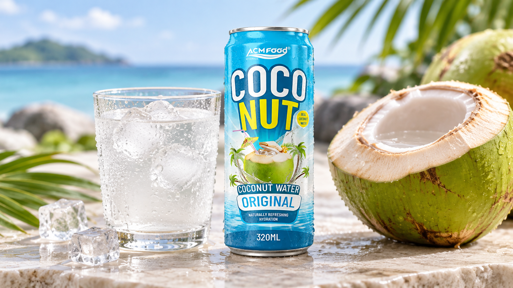 Close-up of a chilled glass of clear coconut water with condensation, next to an aluminium can and a halved young coconut on a light stone surface, soft diffused light, realistic commercial beverage photography, 16:9 landscape, no text, no logos