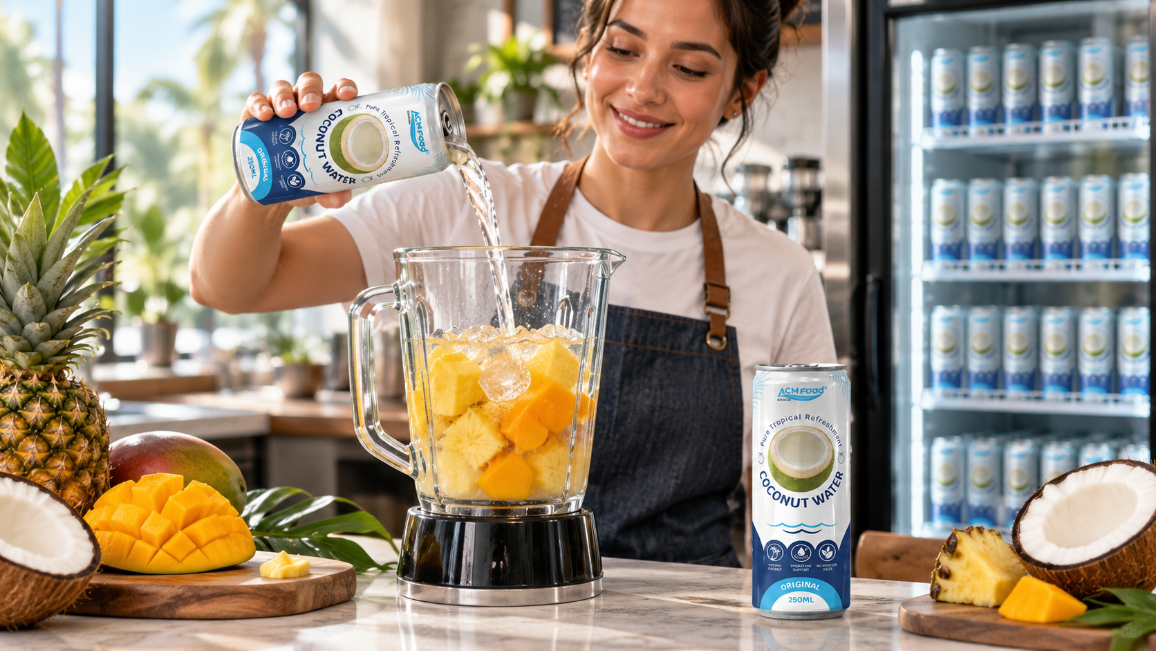 Barista in a bright modern cafe pouring coconut water from a bottle into a blender with fresh pineapple and mango for a smoothie, coconut water cans in a display fridge in the background, natural window light, realistic commercial photography, 16:9 landscape, no text, no logos