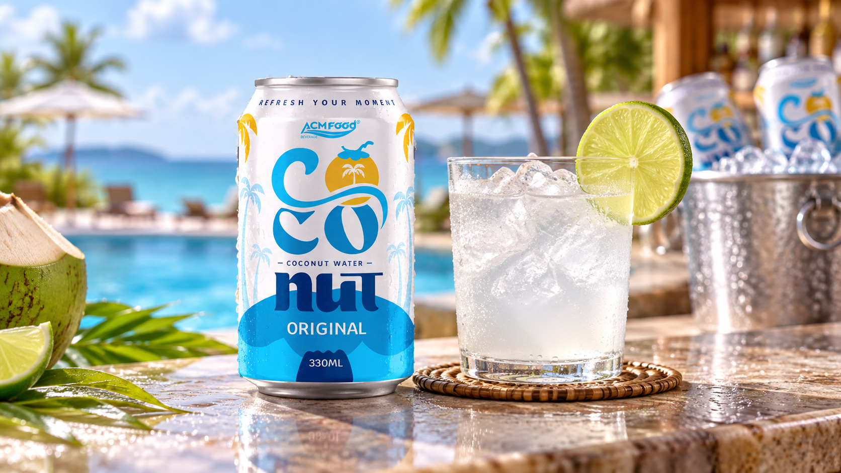 Close-up of a glass of coconut water with ice and a slice of lime on a poolside bar counter at a tropical resort, chilled cans in an ice bucket in the soft-focus background, bright sunny light, realistic commercial beverage photography, 16:9 landscape, no text, no logos