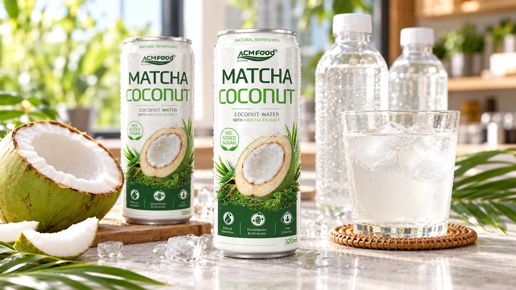 Chilled aluminium cans and clear PET bottles of coconut water arranged on a bright cafe counter beside a halved young coconut and a glass of coconut water with ice, natural window light, clean styling, realistic commercial beverage photography, 16:9 landscape, no text, no logos