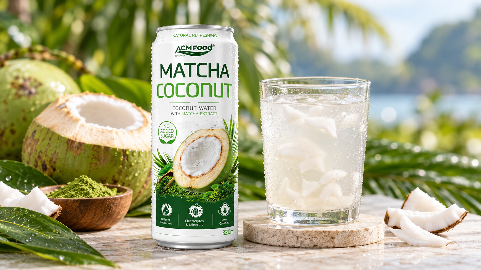 Close-up of a clear glass of coconut water with small pieces of soft coconut pulp, condensation on the glass, placed on a light stone surface with a blurred green tropical background, soft diffused light, realistic commercial food photography, 16:9 landscape, no text