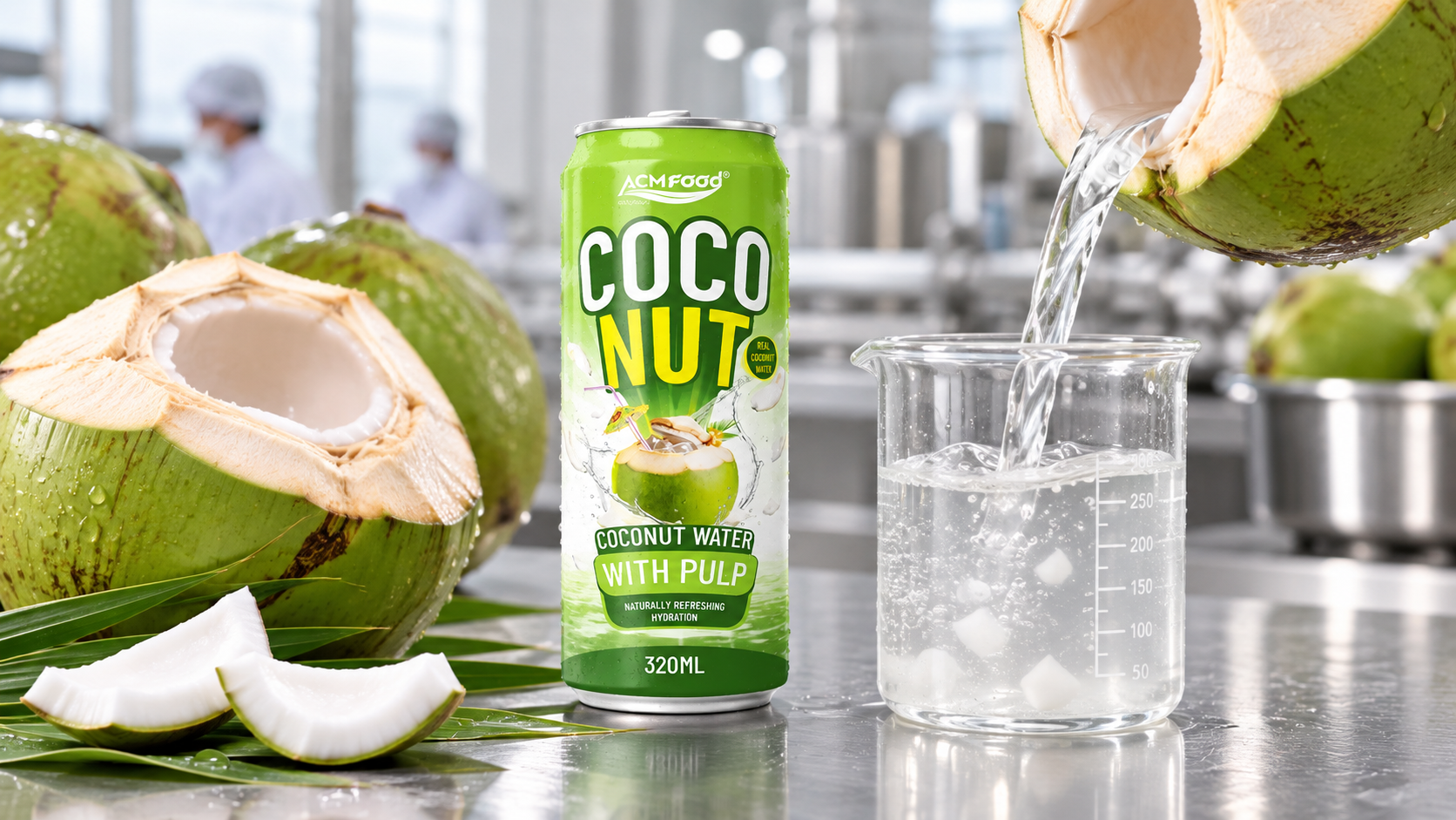 Close-up of freshly opened young green coconuts on a stainless steel bench with clear liquid being poured into a glass beaker, clean processing environment, bright neutral light, commercial food photography, 16:9 landscape