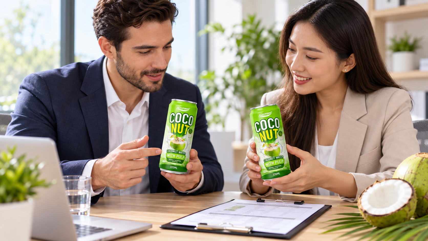 Two buyers in a bright meeting room comparing two sample cartons of packaged coconut water on a table, clipboard with a specification sheet beside them, soft daylight from a window, professional commercial photography, 16:9 landscape