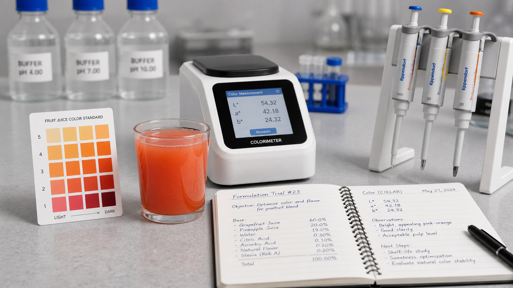 Lab bench testing colour and flavour stability with a juice sample