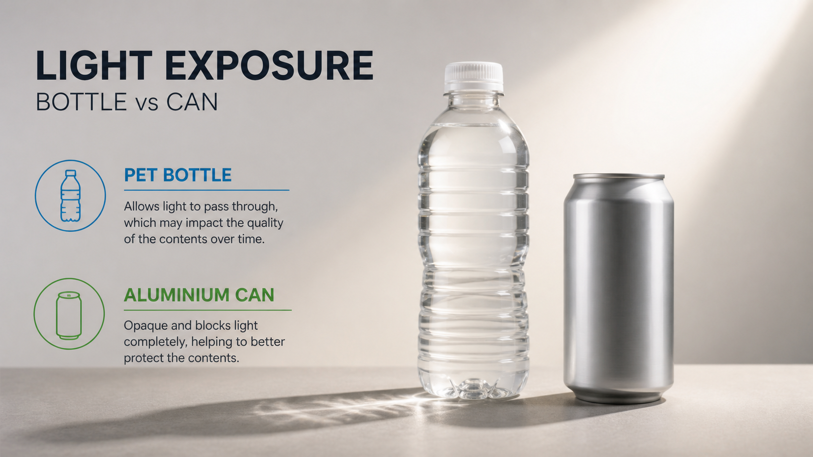 Clear PET bottle and aluminium can under bright light comparison setup