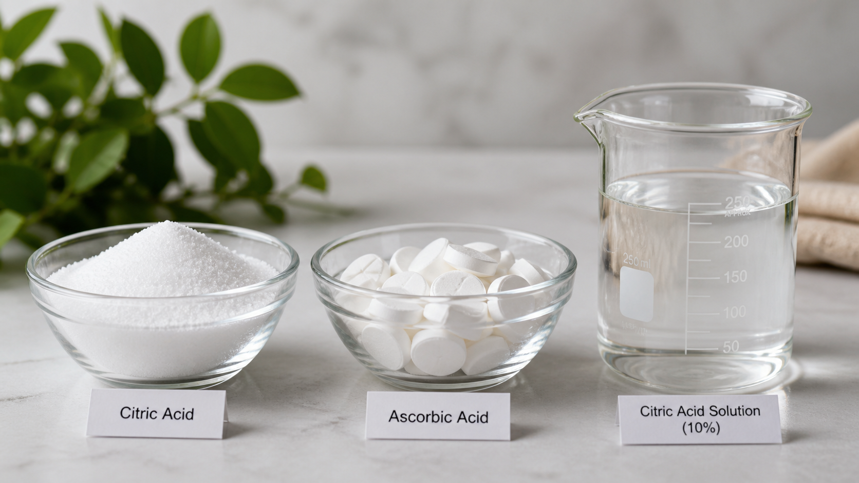 Close-up of antioxidant ingredients and citric acid used in beverages
