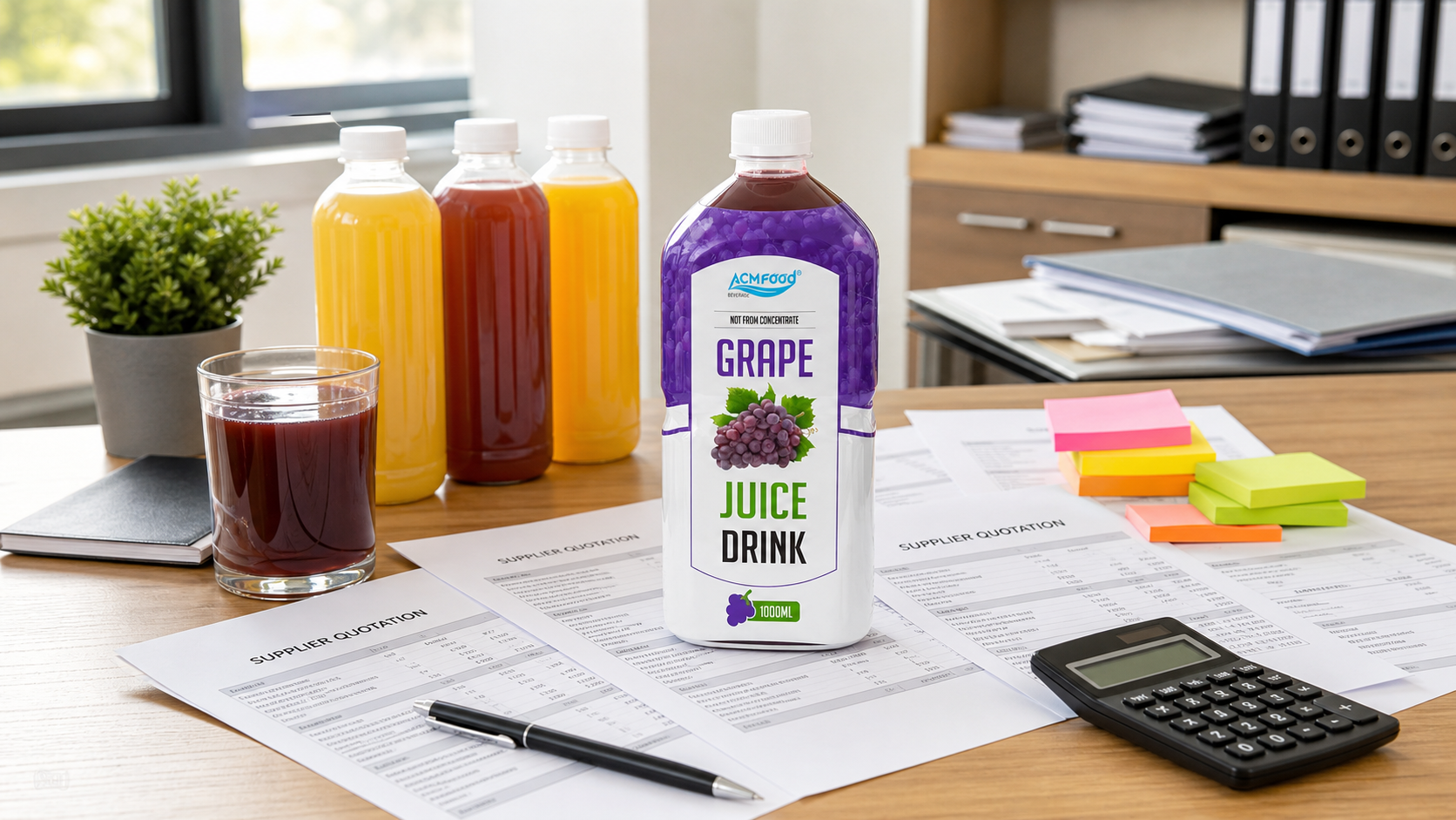 Buyer comparing fruit juice supplier quotations with samples and calculator on desk