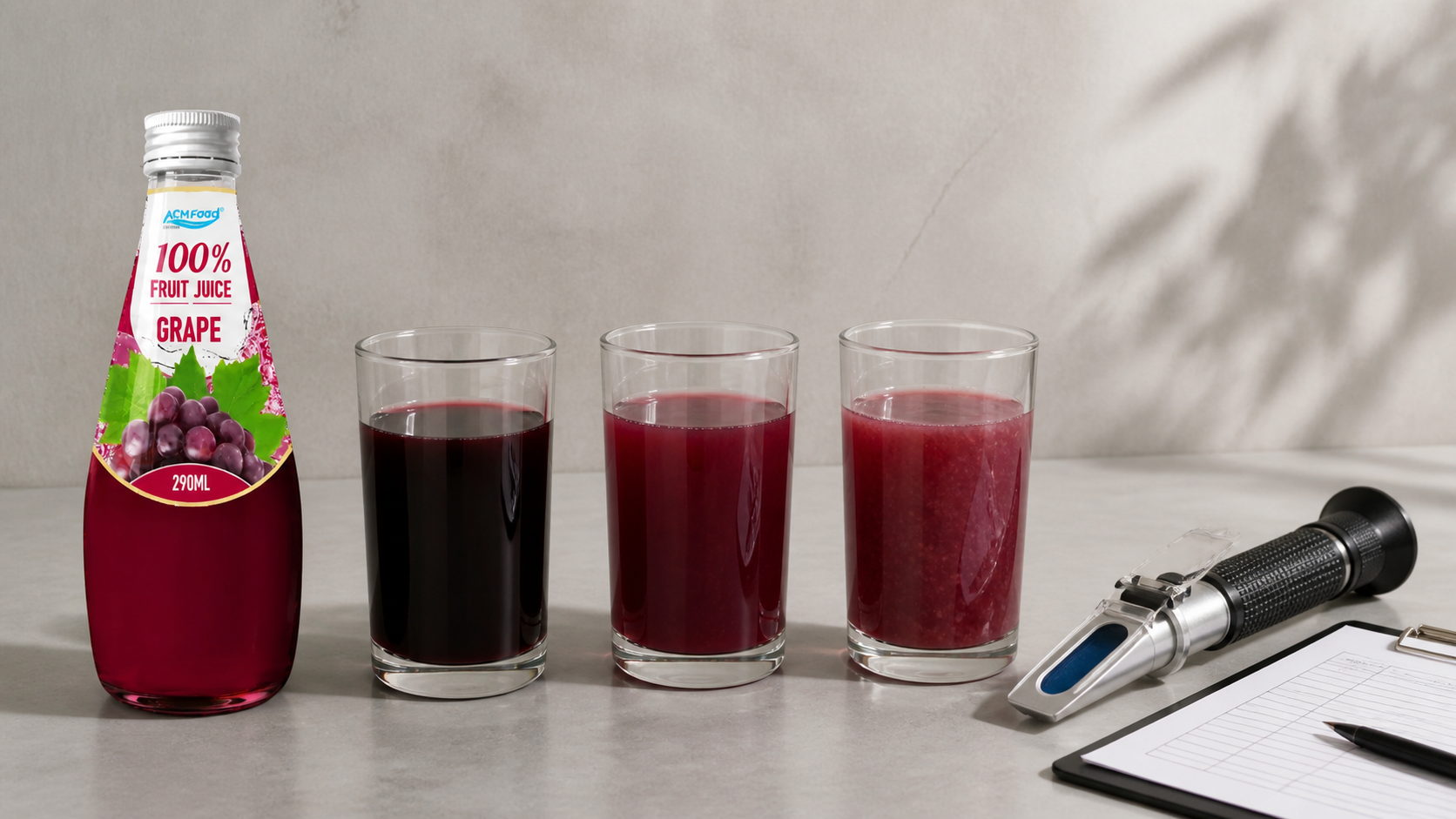 Three glasses of fruit juice with refractometer and clipboard for product comparison