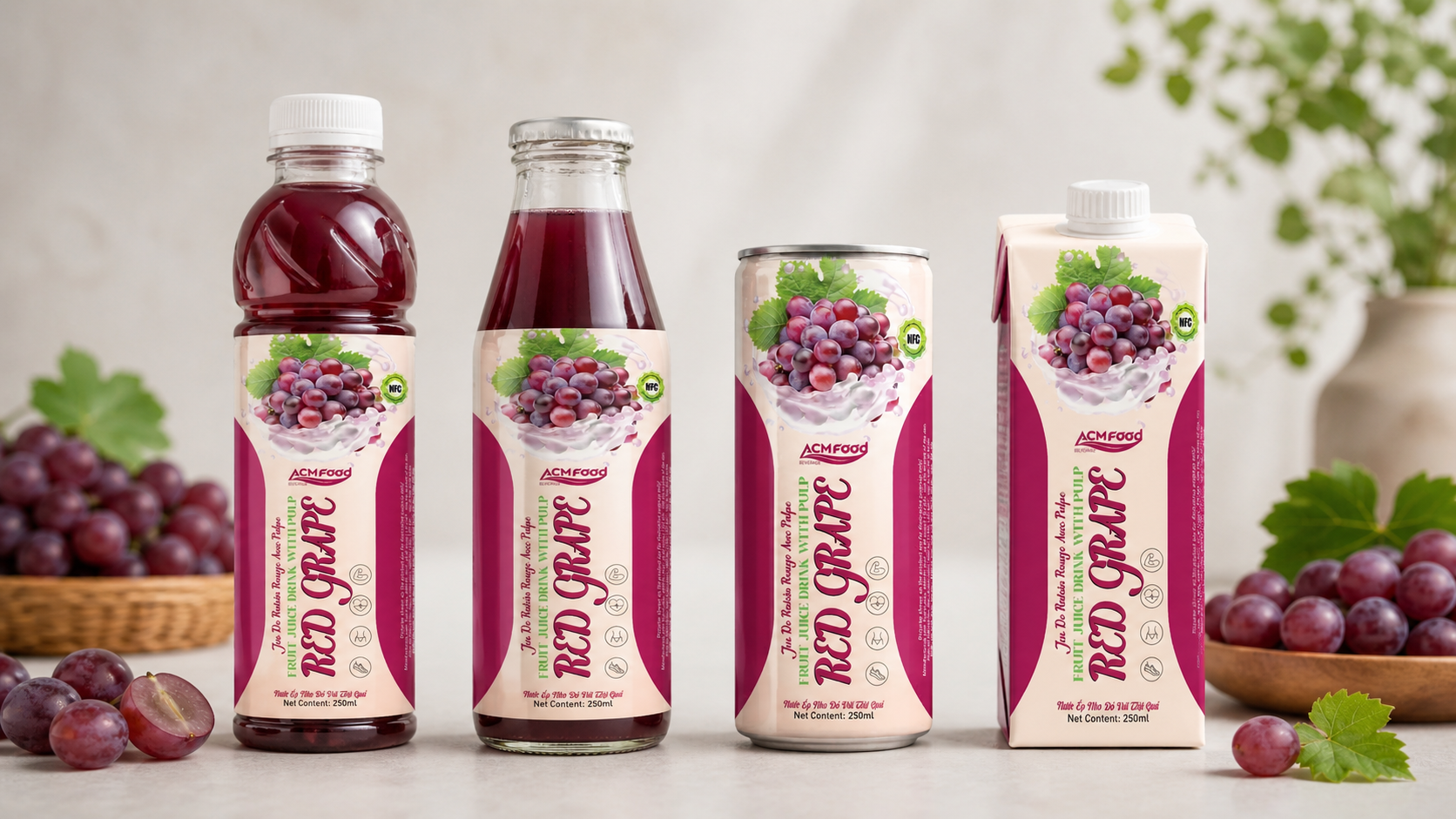 Assorted juice packaging formats including PET glass can and carton on table