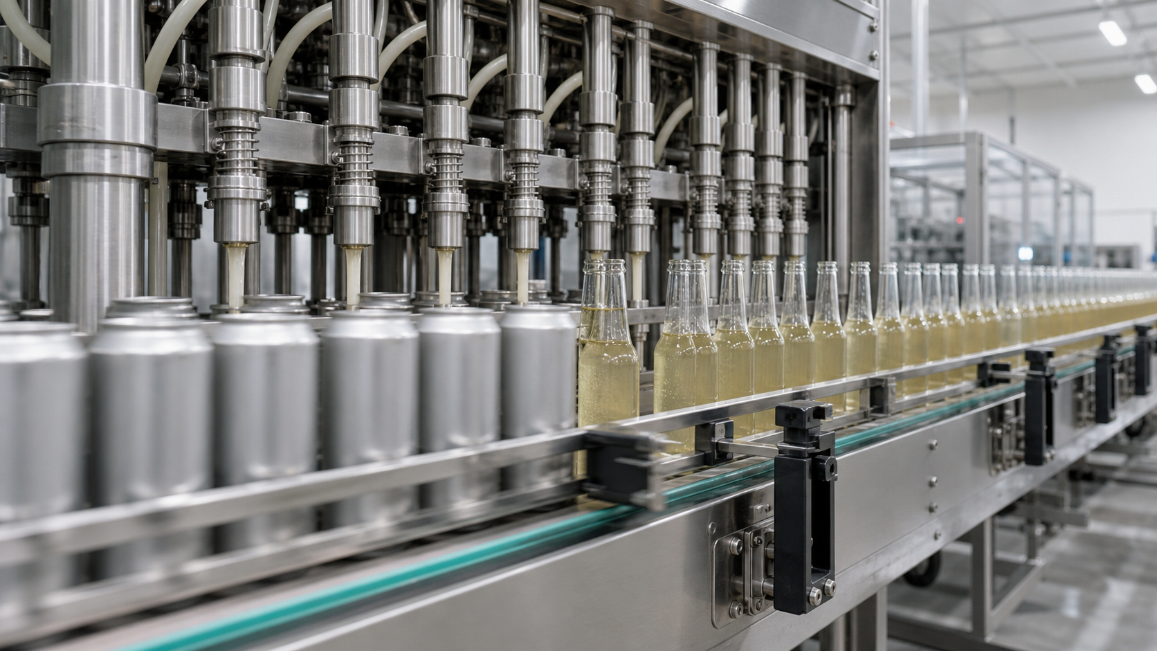 Modern beverage co-packing line filling aluminum cans and bottles