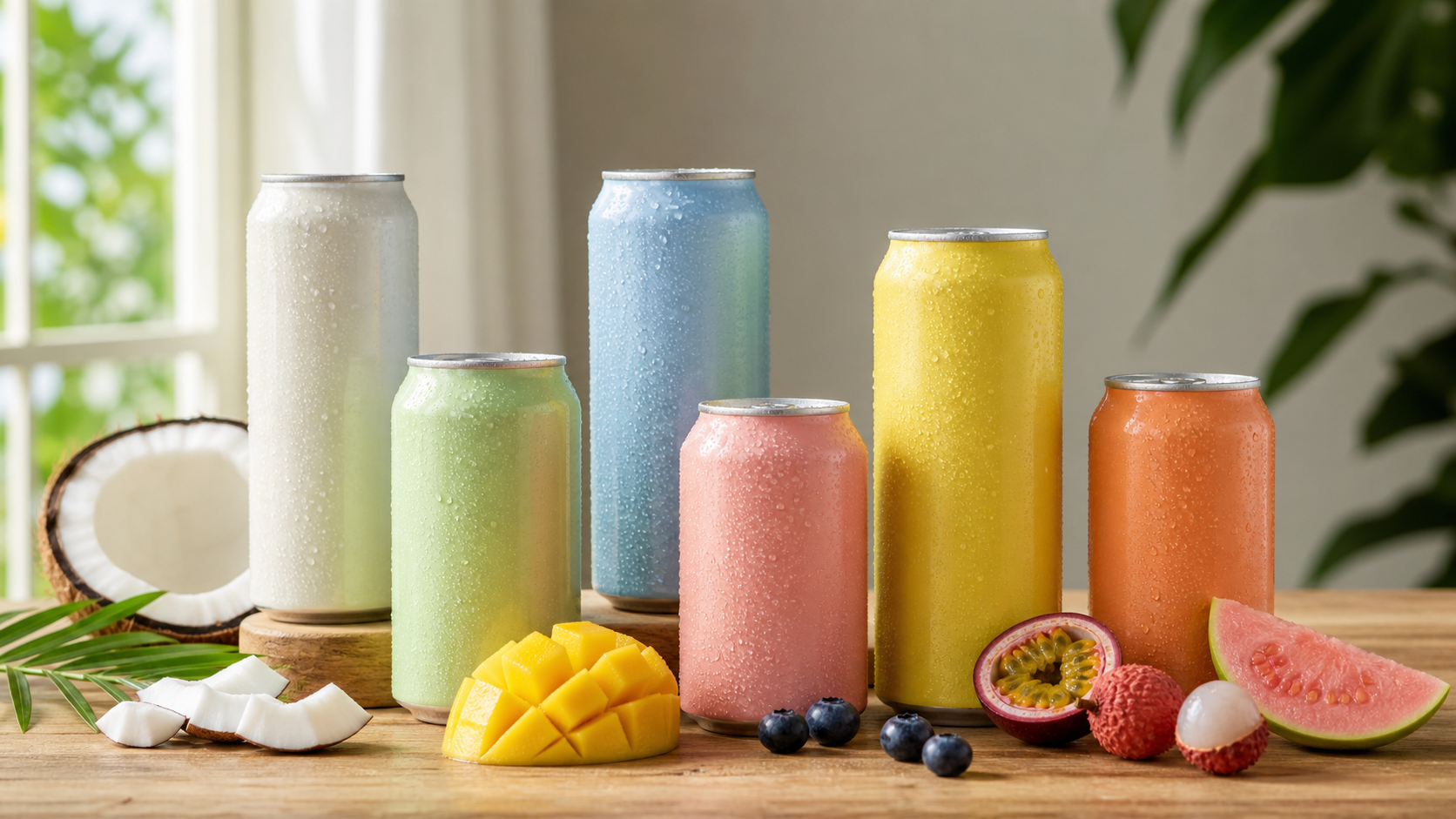 Selection of canned coconut water and fruit beverages on a table