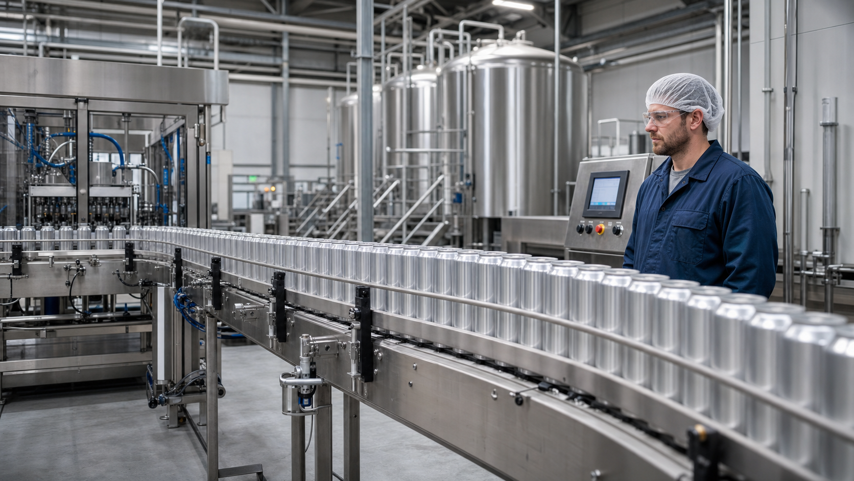 Modern U.S. beverage co-packing line with aluminum cans on conveyor